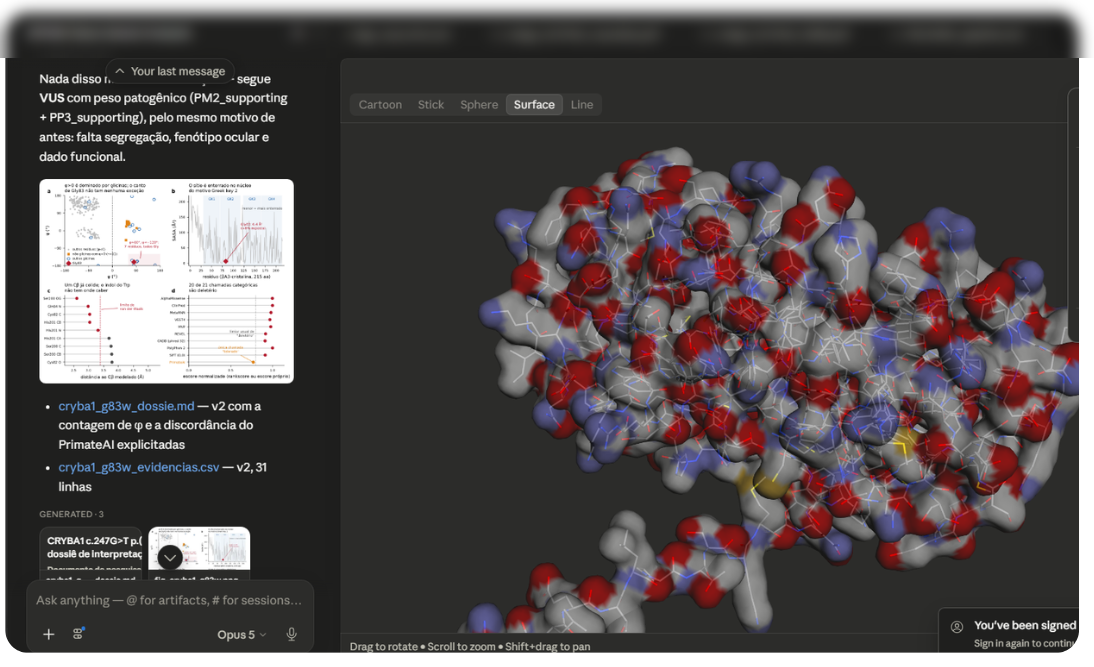 Tela do Claude Science exibindo a análise de uma variante genética com renderização molecular